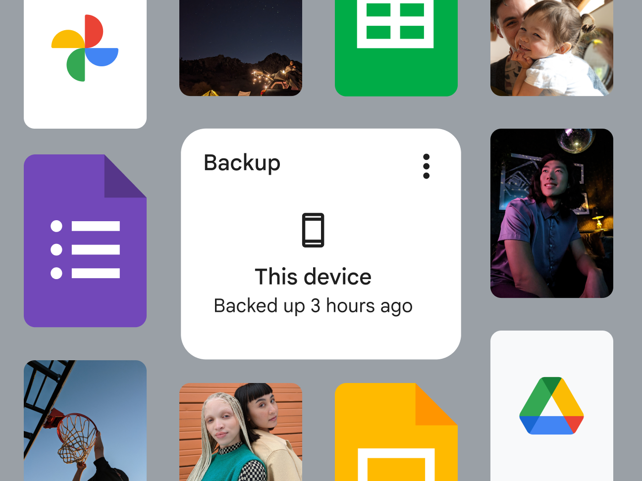 Collage of files with icon that says this device was backed up 3 hours ago.