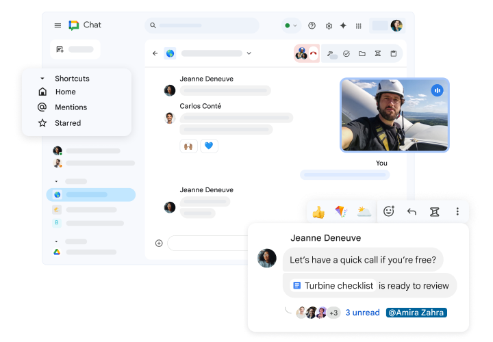 Страница Google Chat, на которой показаны ярлыки, текущий видеовызов и разговор в чате со ссылкой на документ Google, доступные реакции и ответы.