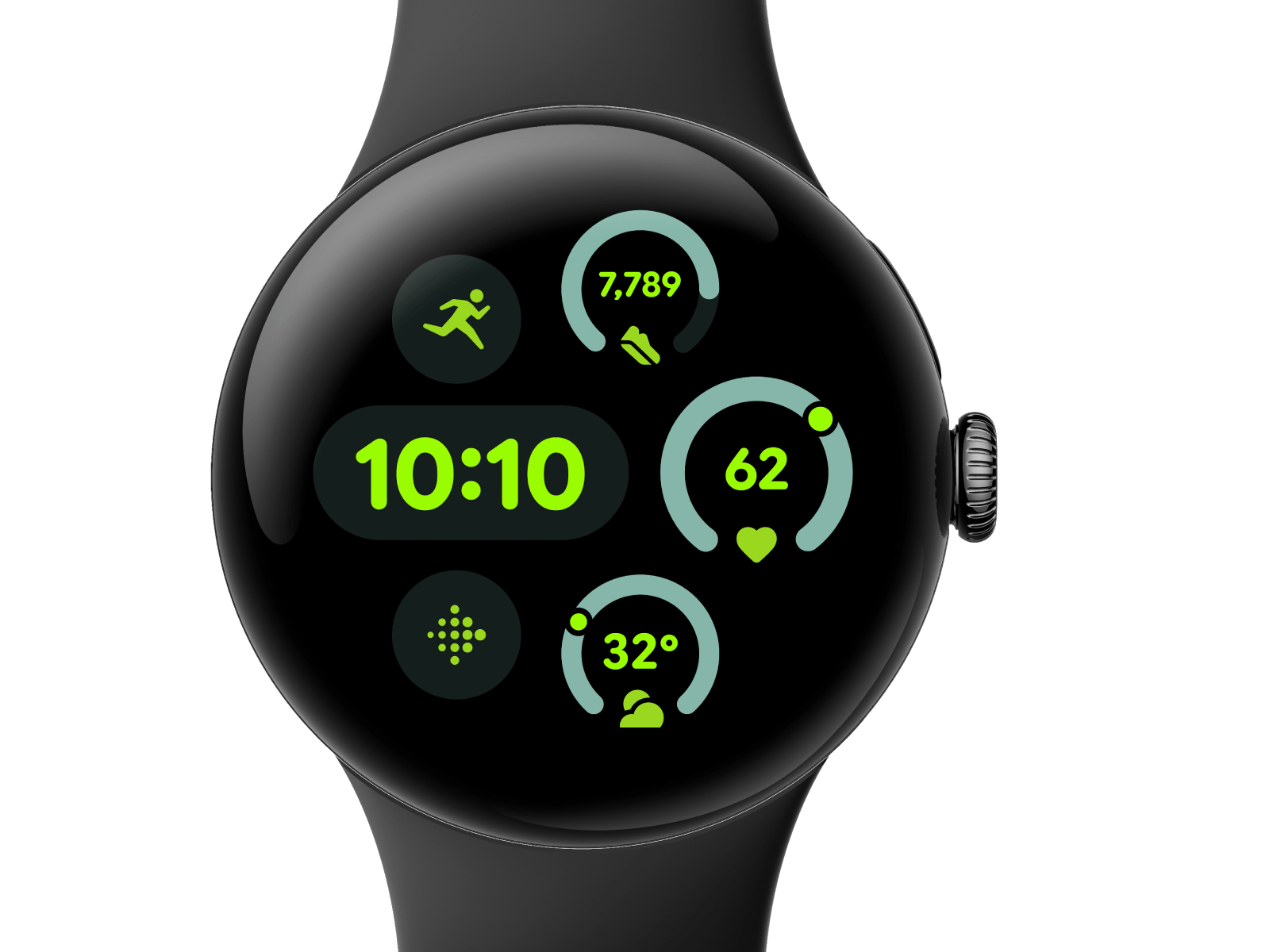 Front view of the Pixel Watch 3 41 mm with Matte Black Aluminium Case/Obsidian Active Band