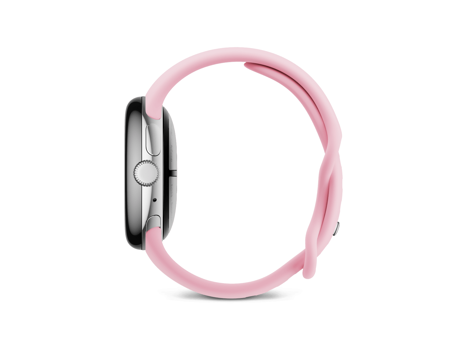 Side view of the Pixel Watch 3 41 mm with Polished Silver Aluminium Case/Rose Quartz Active Band