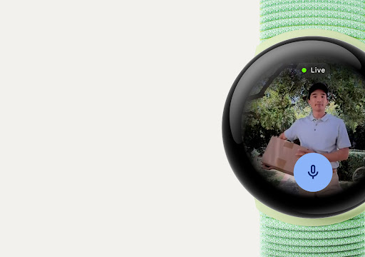 The screen of the Google Pixel Watch 3 displaying a Nest Camera feed of a person outside of a front door.