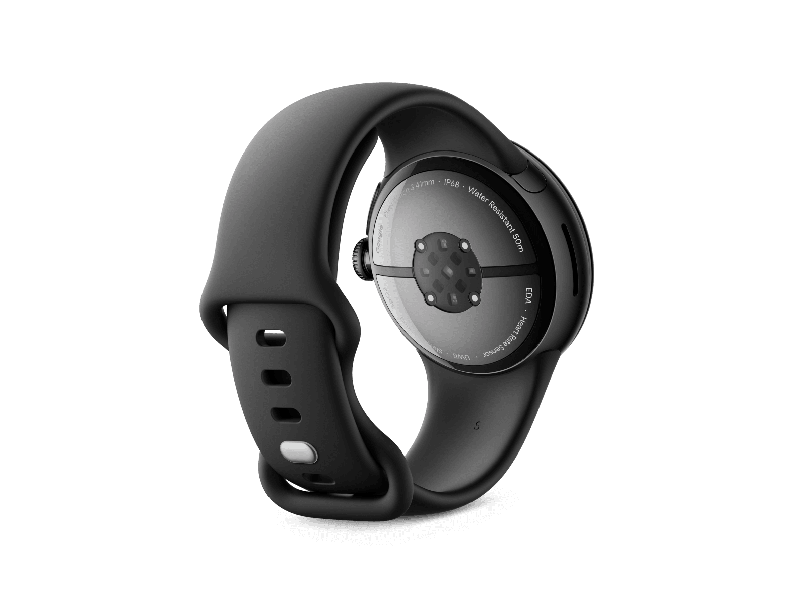 Back view of the Pixel Watch 3 41 mm with Matte Black Aluminium Case/Obsidian Active Band