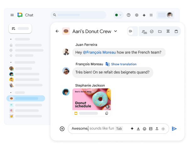 Чат-группа Google Chat под названием "Dan’s Donut Crew", в которой показана общая презентация Google и сообщение на французском языке с возможностью посмотреть перевод.