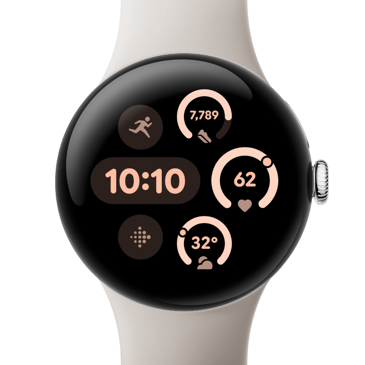 Front view of the Pixel Watch 3 41 mm with Polished Silver Aluminium Case/Porcelain Active Band