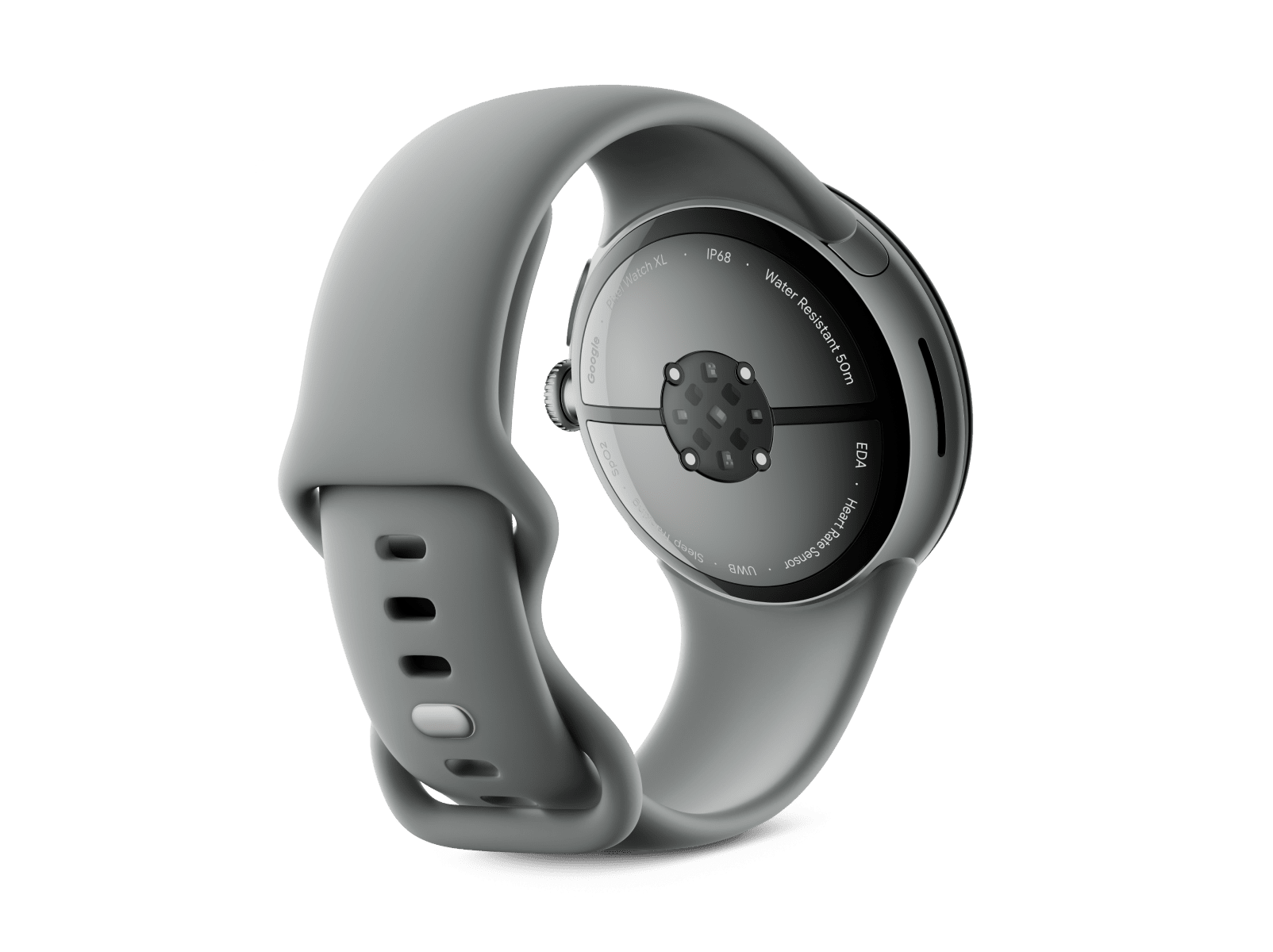 Back view of the Pixel Watch 3 45 mm with Matte Hazel Aluminium Case/Hazel Active Band