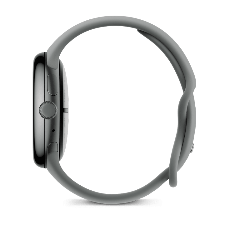 Side view of the Pixel Watch 3 45 mm with Matte Hazel Aluminium Case/Hazel Active Band