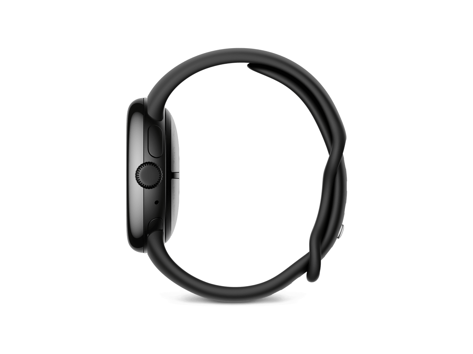 Side view of the Pixel Watch 3 41 mm with Matte Black Aluminium Case/Obsidian Active Band