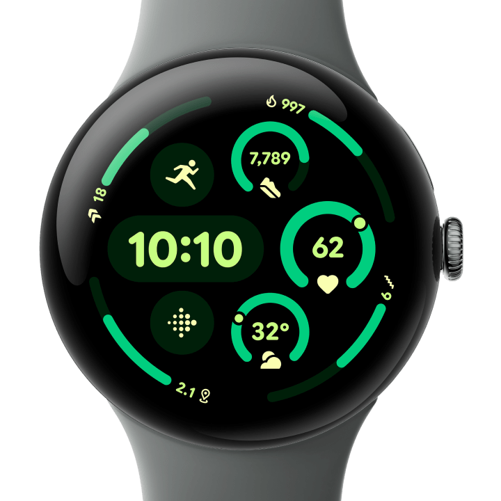 Front view of the Pixel Watch 3 45 mm with Matte Hazel Aluminium Case/Hazel Active Band