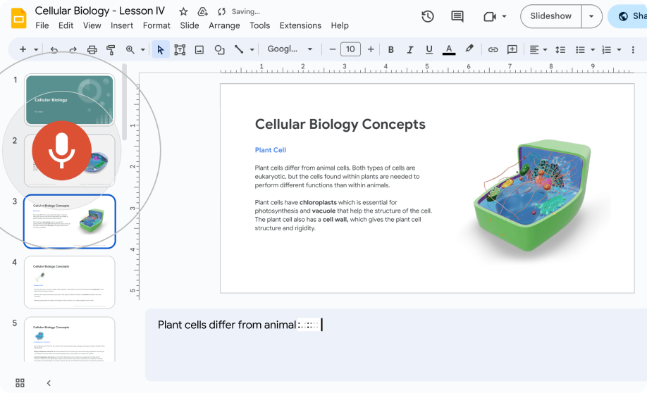 Google’s dictation feature is being used to fill in the speaker notes of a Google Slides presentation.