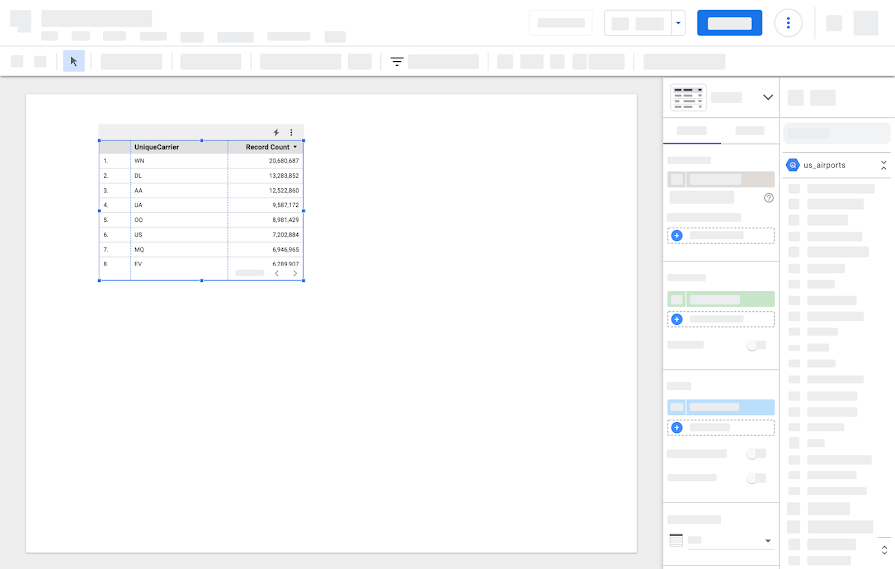 A user selects a table visualization on a report canvas to open the Data and Chart option menus. 