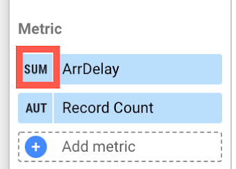 A list of the Metric fields on a chart Setup tab displays that the ArrDelay metric aggregation type is set to Sum.