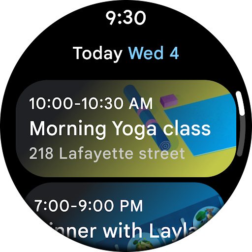 The home screen of the Google Calendar app for Wear OS shows the time, the date and upcoming events. Details of each event include the start and end times, the title of the event and the location where the event will take place.