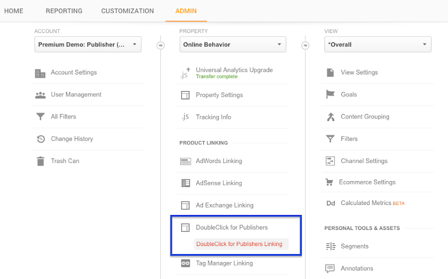 DoubleClick for Publishers linking is found in the Analytic administration for a property.