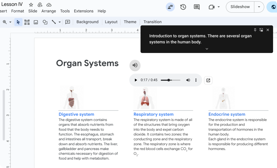 발표자가 Google Slides 프레젠테이션을 발표할 때 실시간 자막이 표시됩니다.