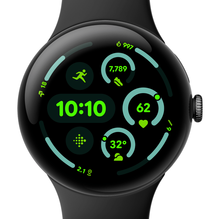 Front view of the Pixel Watch 3 45 mm with Matte Hazel Aluminium Case/Hazel Active Band