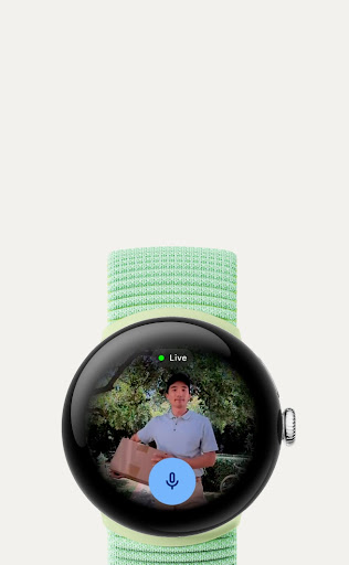 The screen of the Google Pixel Watch 3 displaying a Nest Camera feed of a person outside of a front door.