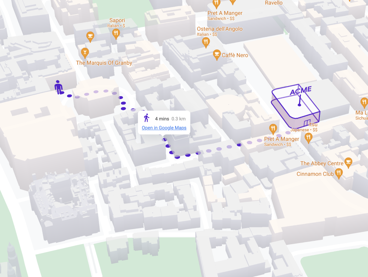 A 3D map showing navigation from a point in the city to a store