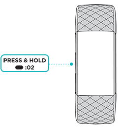 Illustration of the watch with text to press and hold the button on the left for 2 seconds