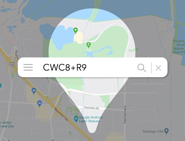 Um mapa com um local marcado por "CWC8+R9"