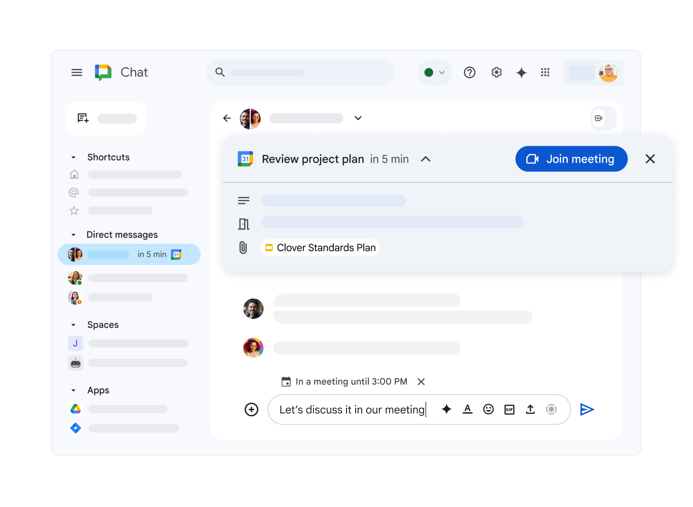 Google カレンダーの近日開催の会議と参加リンクが表示された Google Chat