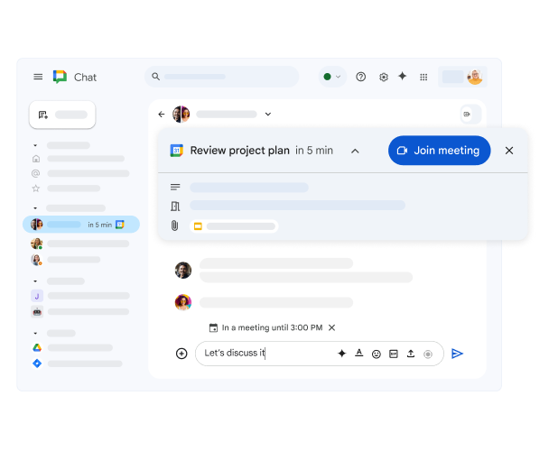 Google カレンダーの近日開催の会議と参加リンクが表示された Google Chat