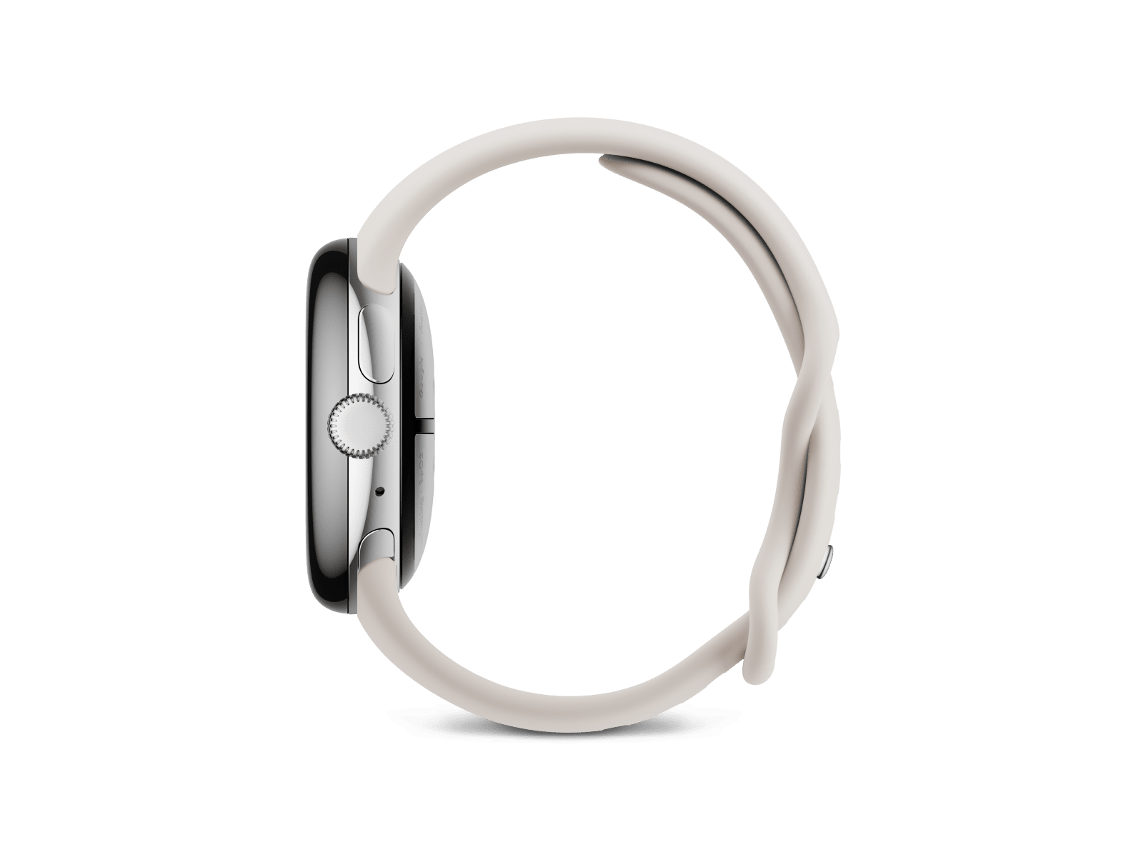 Side view of the Pixel Watch 3 41 mm with Polished Silver Aluminium Case/Porcelain Active Band