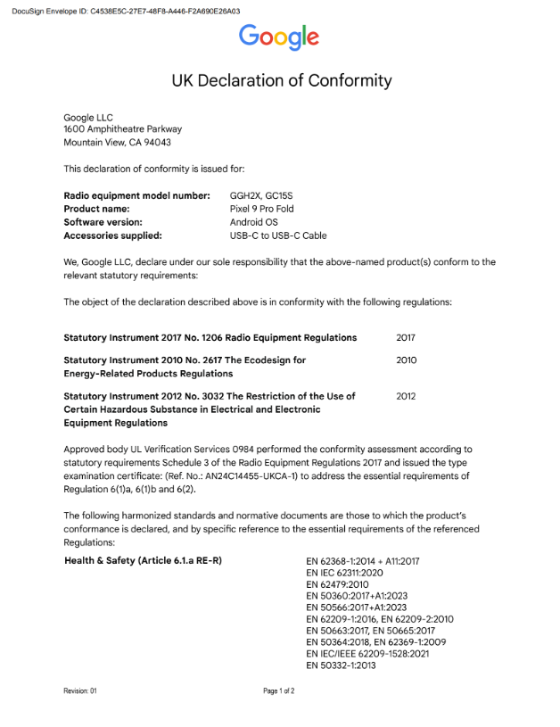 GGH2X, GC15S - UK Declaration of Conformity page 1