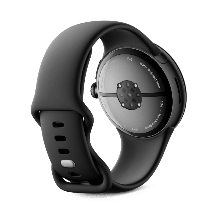 Back view of the Pixel Watch 3 45 mm with Matte Hazel Aluminium Case/Hazel Active Band