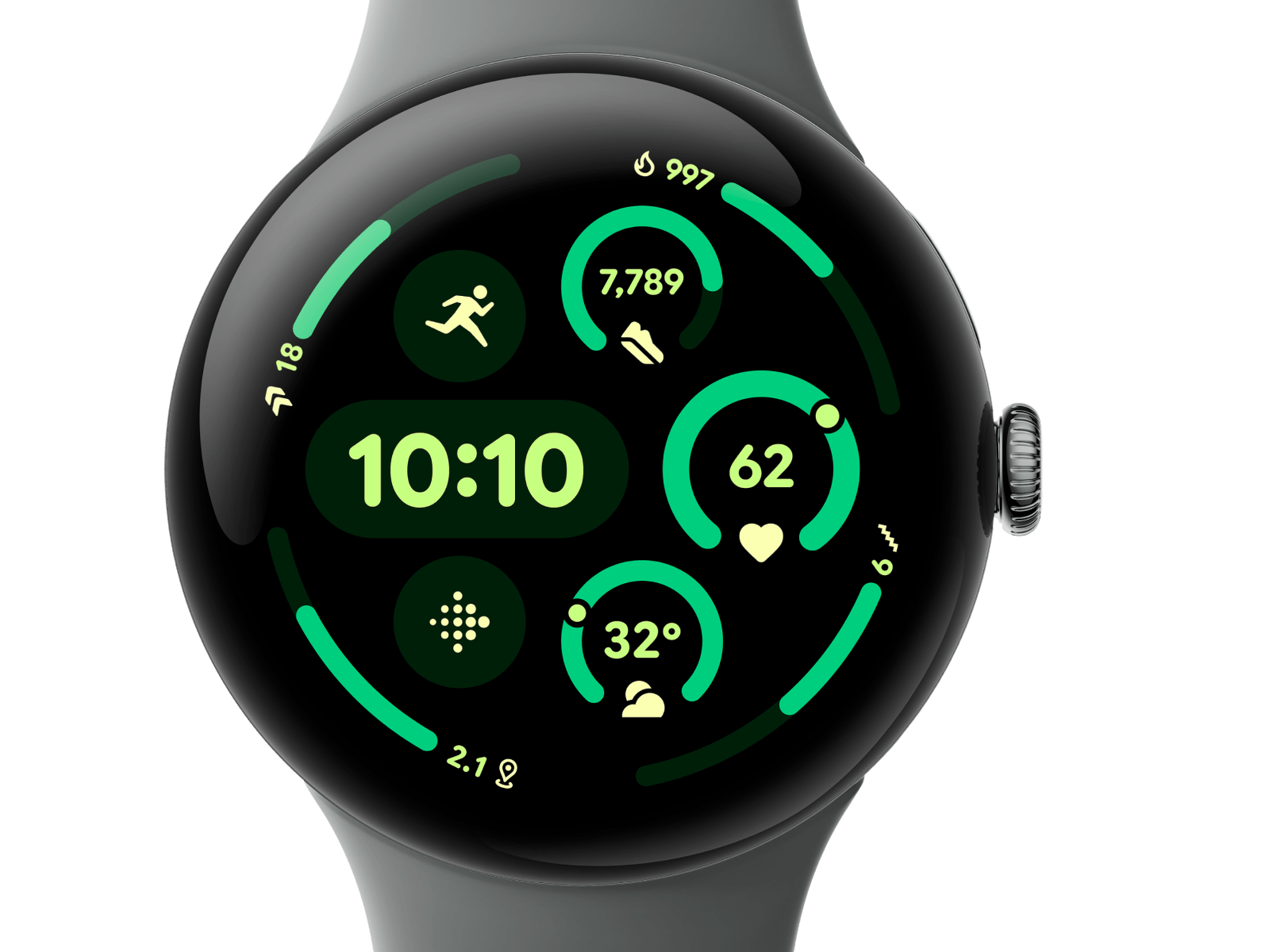 Front view of the Pixel Watch 3 45 mm with Matte Hazel Aluminium Case/Hazel Active Band