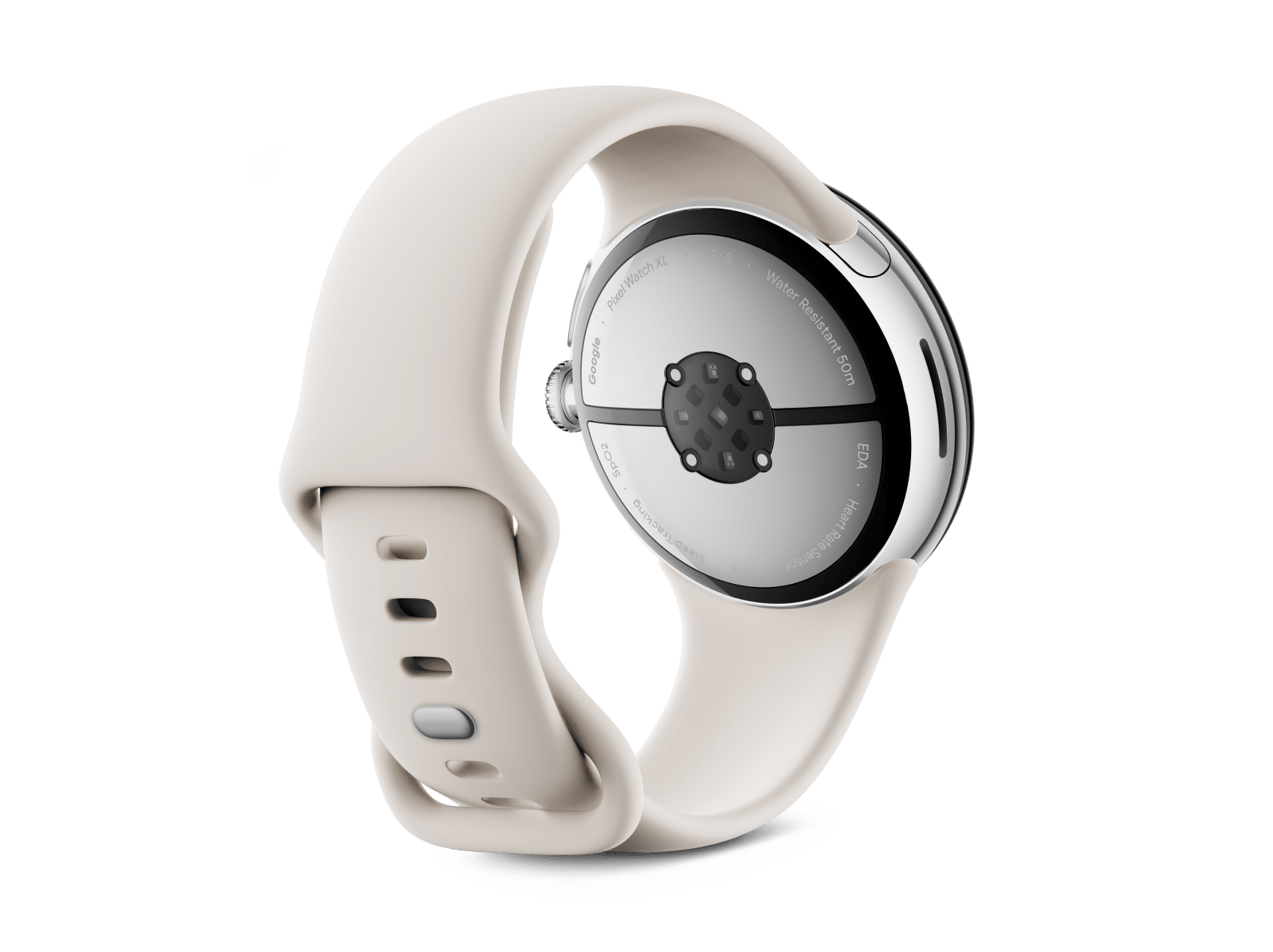 Back view of the Pixel Watch 3 45 mm with Polished Silver Aluminium Case/Porcelain Active Band