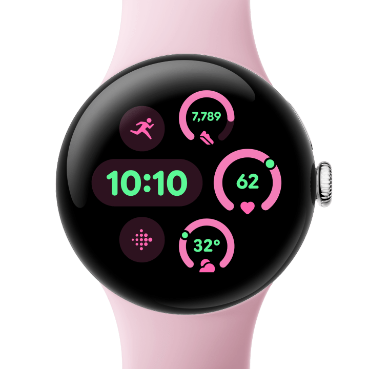 Front view of the Pixel Watch 3 41 mm with Polished Silver Aluminium Case/Rose Quartz Active Band