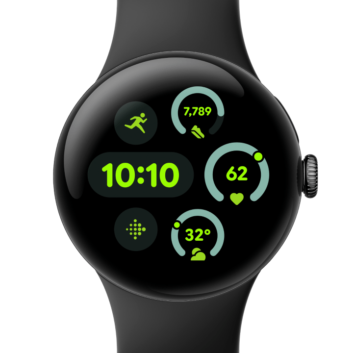 Front view of the Pixel Watch 3 41 mm with Matte Black Aluminium Case/Obsidian Active Band