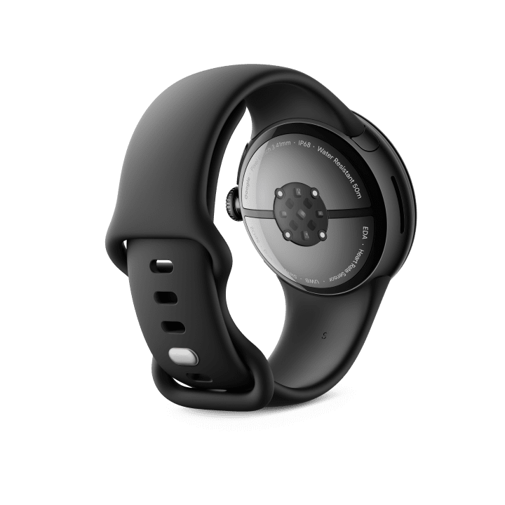 Back view of the Pixel Watch 3 41 mm with Matte Black Aluminium Case/Obsidian Active Band