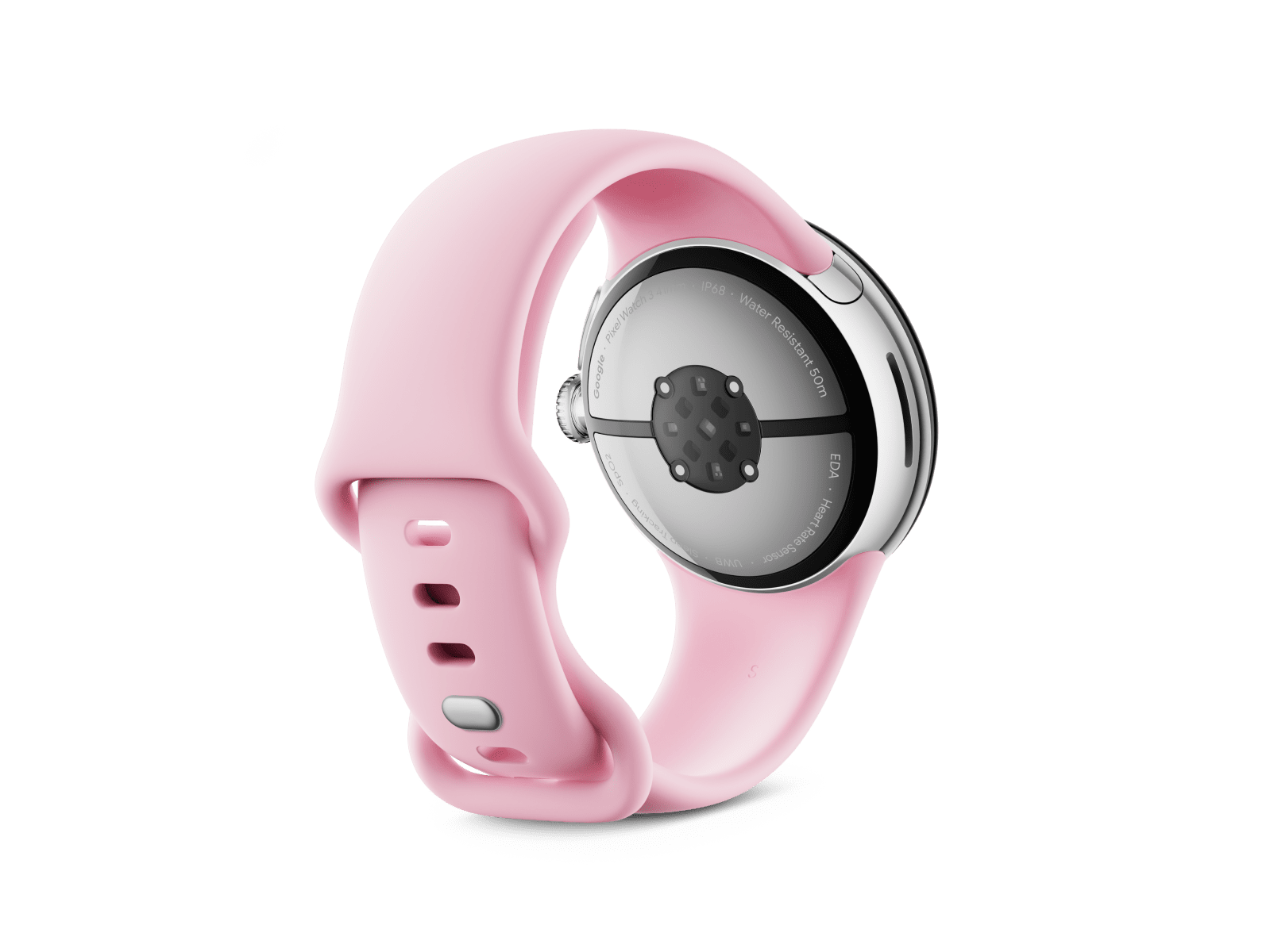 Back view of the Pixel Watch 3 41 mm with Polished Silver Aluminium Case/Rose Quartz Active Band